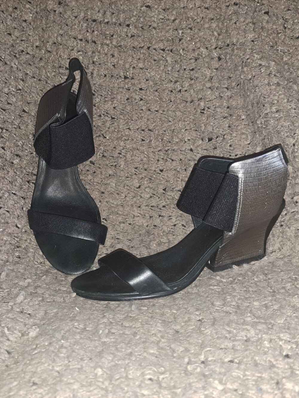 UNITED NUDE-Raila Mid-Black/Silver Metallic-Elastic Band Heels-Sz 38-Excellent